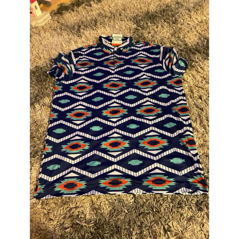 Raised By Coyotes Polo Shirt Mens XL Blue Santa Fe Aztec UPF 50 Golf Stretch